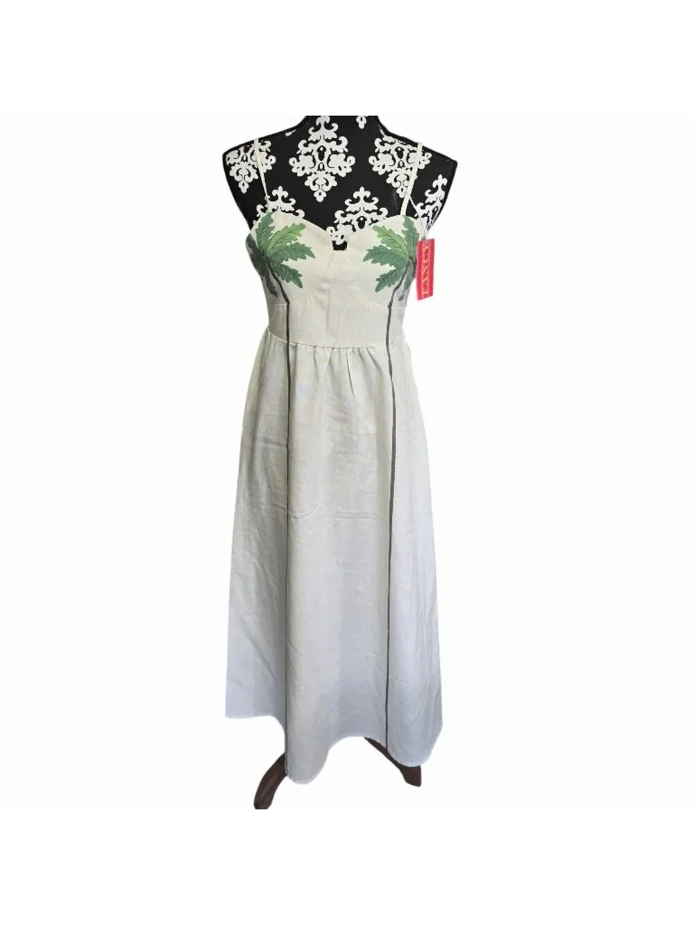 NEW Fancy XS Maxi Dress Beige Palm Leaf Print Spaghetti Straps Vintage Look - Picture 1 of 3